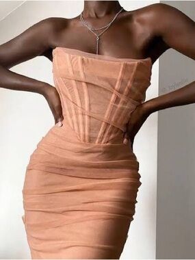 House of CB Strapless Ruched Tulle Midi Dress in Dusty Peach